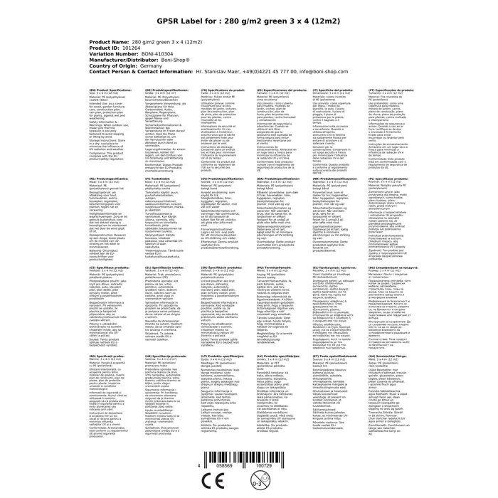 Bâche, verte, étanche, résistante UV, 280g/m², 3 x 4m (12m²)