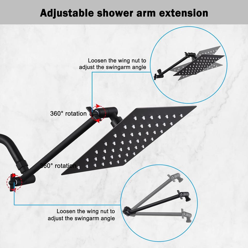 12-Inch Shower Head Extension Arm, Adjustable Shower Extension Arm, Stainless Steel Shower Arm Extender, Compatible with G1/2 Universal Connector,