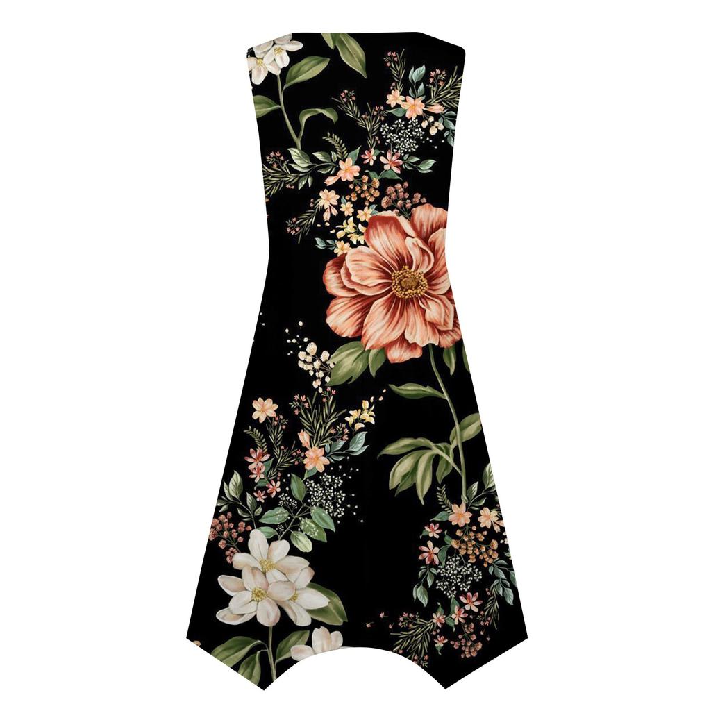 Lässiges, modisches Damen-Midikleid mit Rundhalsausschnitt, ärmellos, Blumendruck, unregelmäßiger Saum