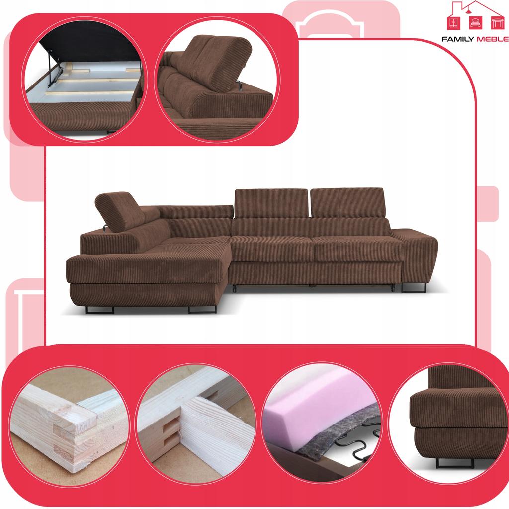 Corner Sofa, Foldable, F, Sleeping, Savio, Left, Family Furniture, Brown, Corduroy