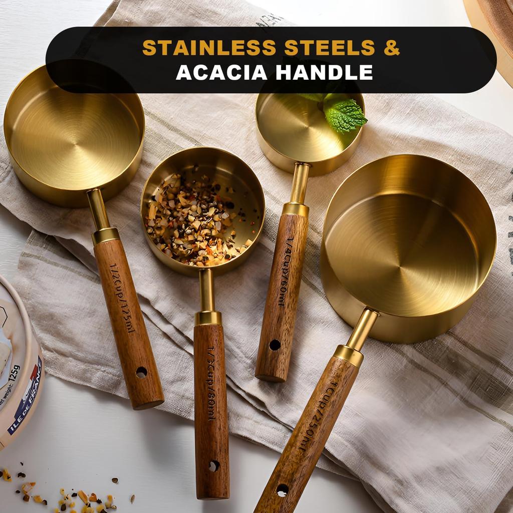 SHIKORI Gold Measuring Cups and Spoons Set with Wood Handles, Premium Stainless Steel Measuring Spoons and Measuring Cups Set-Gold