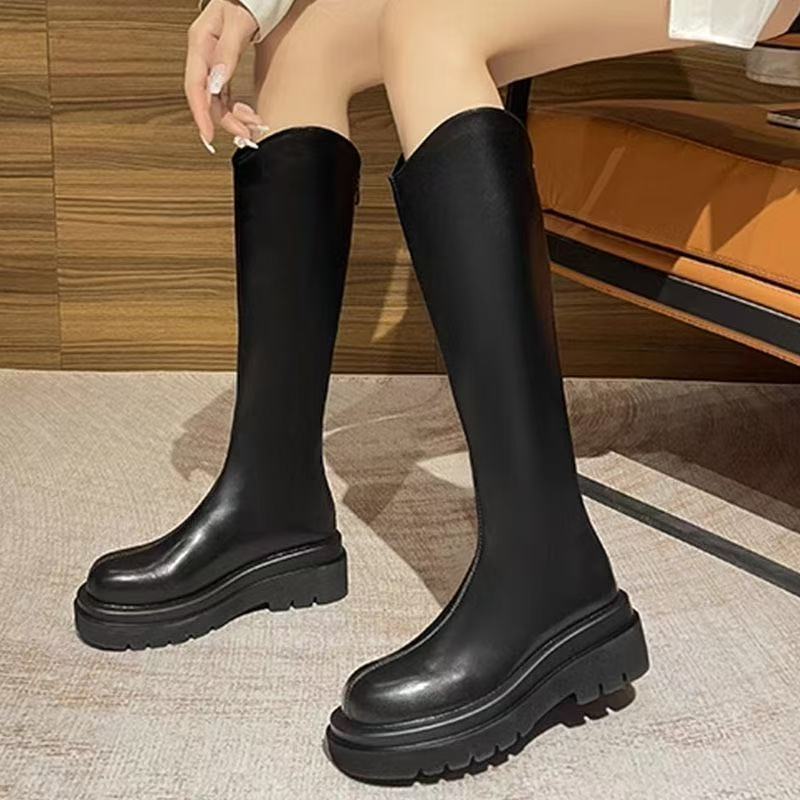 

Прямые длинные рыцарские сапоги детские на толстой подошве новые повседневные осенне-зимние черные высокие, но длиной до колена сапоги 40 чёрный