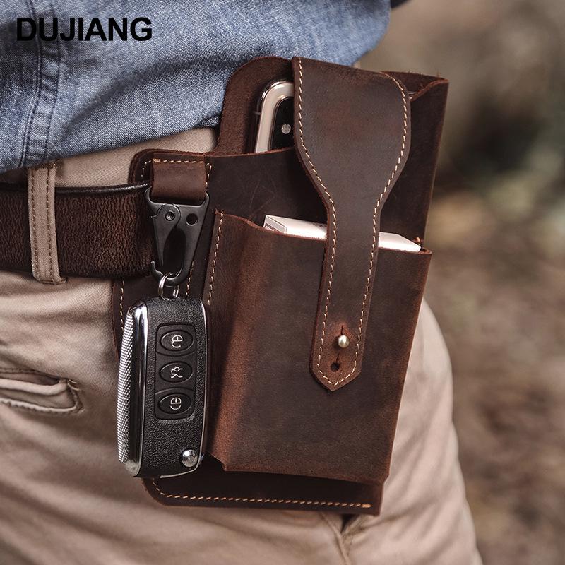 Men's Vintage Genuine Leather Phone Bag - Vertical Style, Durable Crazy Horse Leather, Belt Waist Bag for Work Use