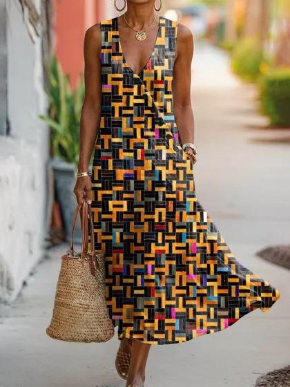 Summer V-neck Sleeveless Diagonal Button-up Vest Skirt Long Women's Vacation Casual Dress