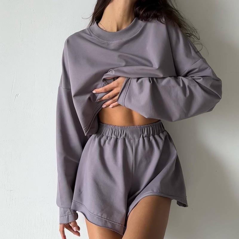 

Women s Grey Casual Short Sleeve Hoodie and Shorts Set, Loungewear Outfit, Comfortable Two Piece Set S лаванда фіолетовий колір