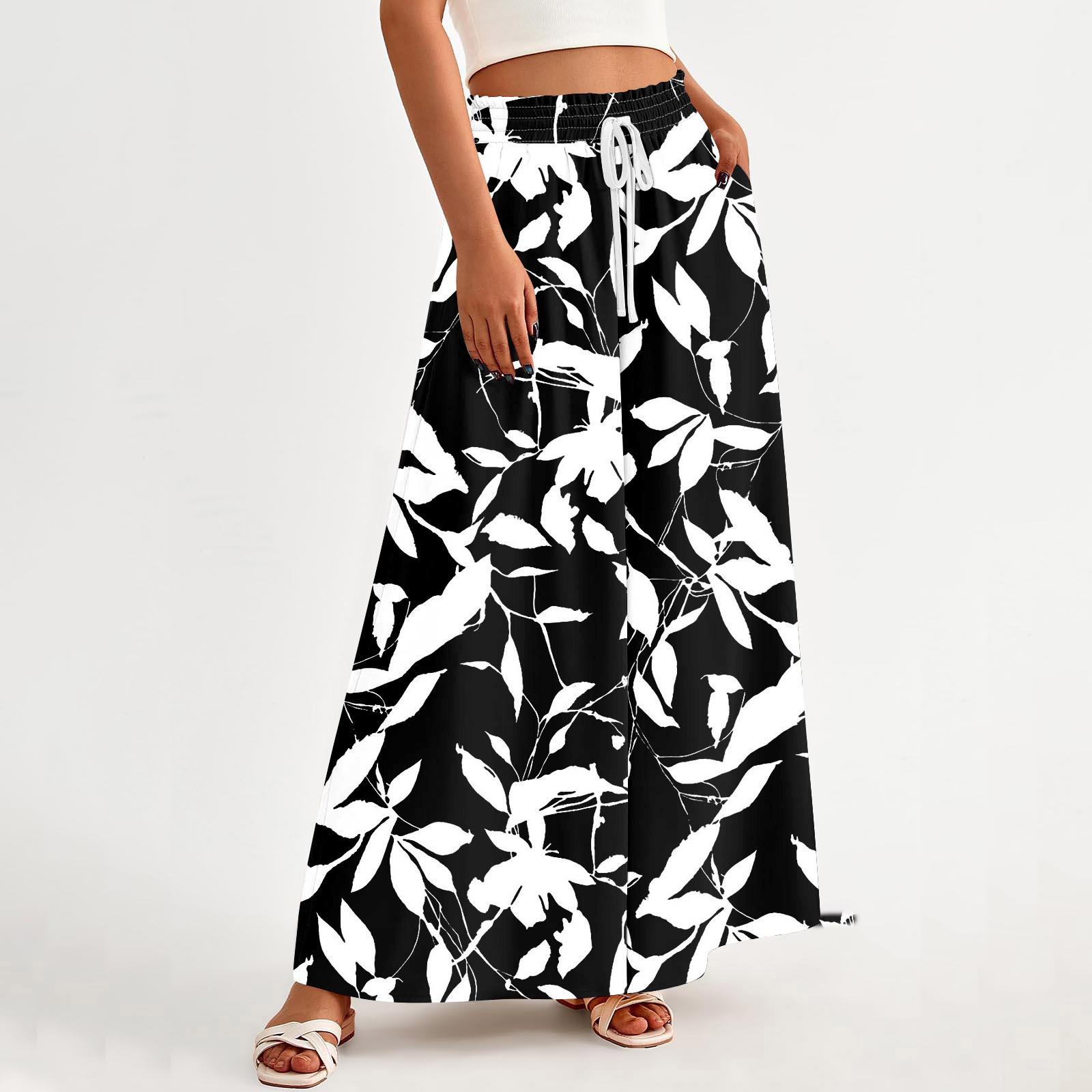 

Женские широкие брюки с высокой талией, летние повседневные широкие брюки с струящимися карманами, пляжные брюки с цветочным принтом L чёрный