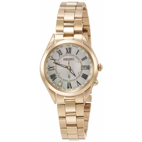 

Seiko Watch Lucia Lady Gold Solar Radio-Controlled Titanium Model with Diamond-Set Mother-of-Pearl Dial, Sapphire Crystal, and Water Resistance to 10