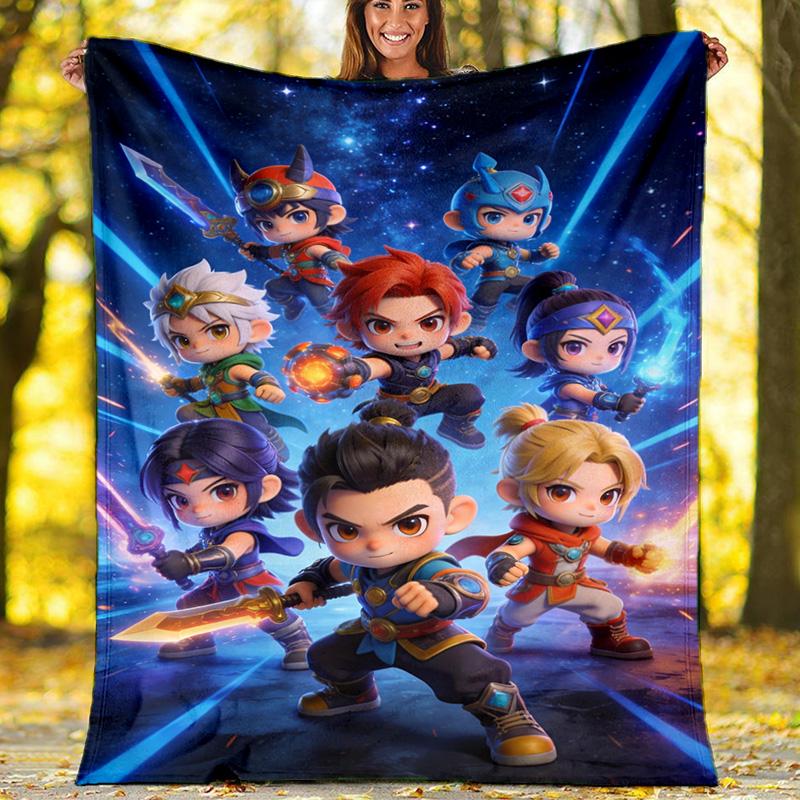 Neon Cyber Shooter Team Flannel Blanket, Cute Cartoon Gamer Throw Blanket, Soft Warm Bed Blanket for Kids Room Decor
