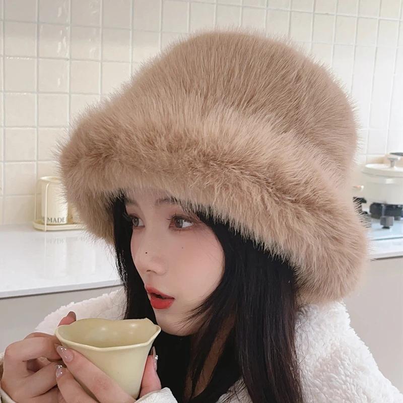 New Autumn Winter Faux Fur Bucket Hat Women'S Wide Brim Solid Color Korean Senior Warm Fisherman Cap Fashion Party Panama Caps