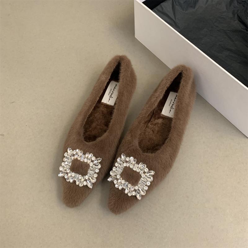 Flat-soled single shoes pointed-toed fluffy shoes women's water brick piled one pedal outer wear square buckle cotton shoes Doudou shoes