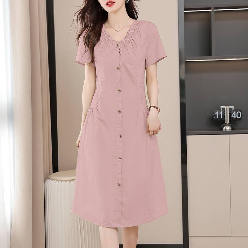

ZANZEA Women Daily Casual V-Neck Solid Color Summer Short Sleeve Dress 5XL рожевий