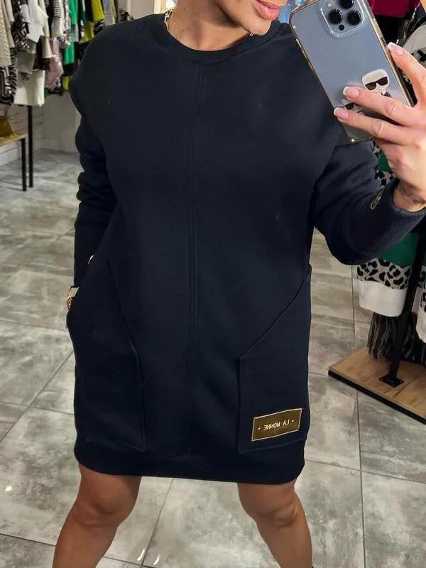 

2024 Осень Однотонное Свободное Повседневное Вязаное Платье с Длинными Рукавами 3XL