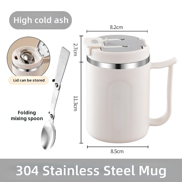 

304 Stainless Steel Folding Spoon With Lid 480ml Reusable Portable Coffee Cup Double layer Cooler Water Cup Stainless Steel Mug 401-500ml сірий