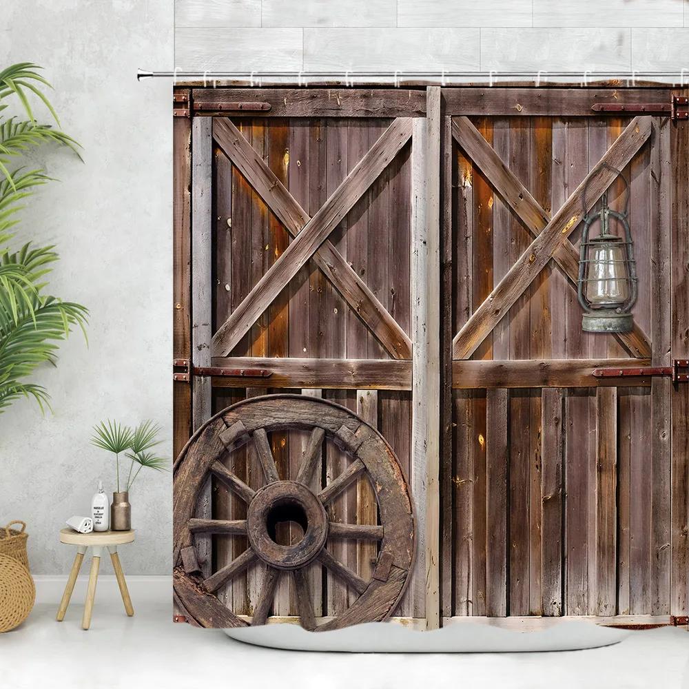 Vintage Wooden Door Shower Curtain, Farm Barn Door Wheel Horseshoe Pentagram Rustic Plank Home Bathroom Decoration Curtain Set