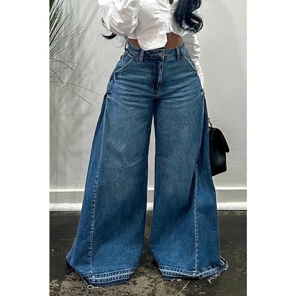 Women s Mid Rise Side Panel Flare Jeans Loose Fit Y2K Raw Hem Wide Leg Denim Trousers S