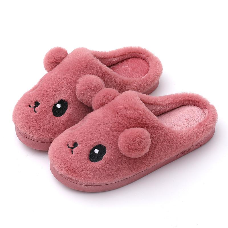 Autumn Winter Plush Casual Slip-On Indoor Slippers with Cute Animal Face and Ears