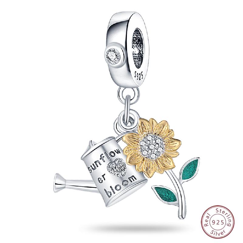 Copper Beaded Pendant Shiny Zirconia Sunflower Flower Original 3Mm Bracelet Women Fine Jewelry