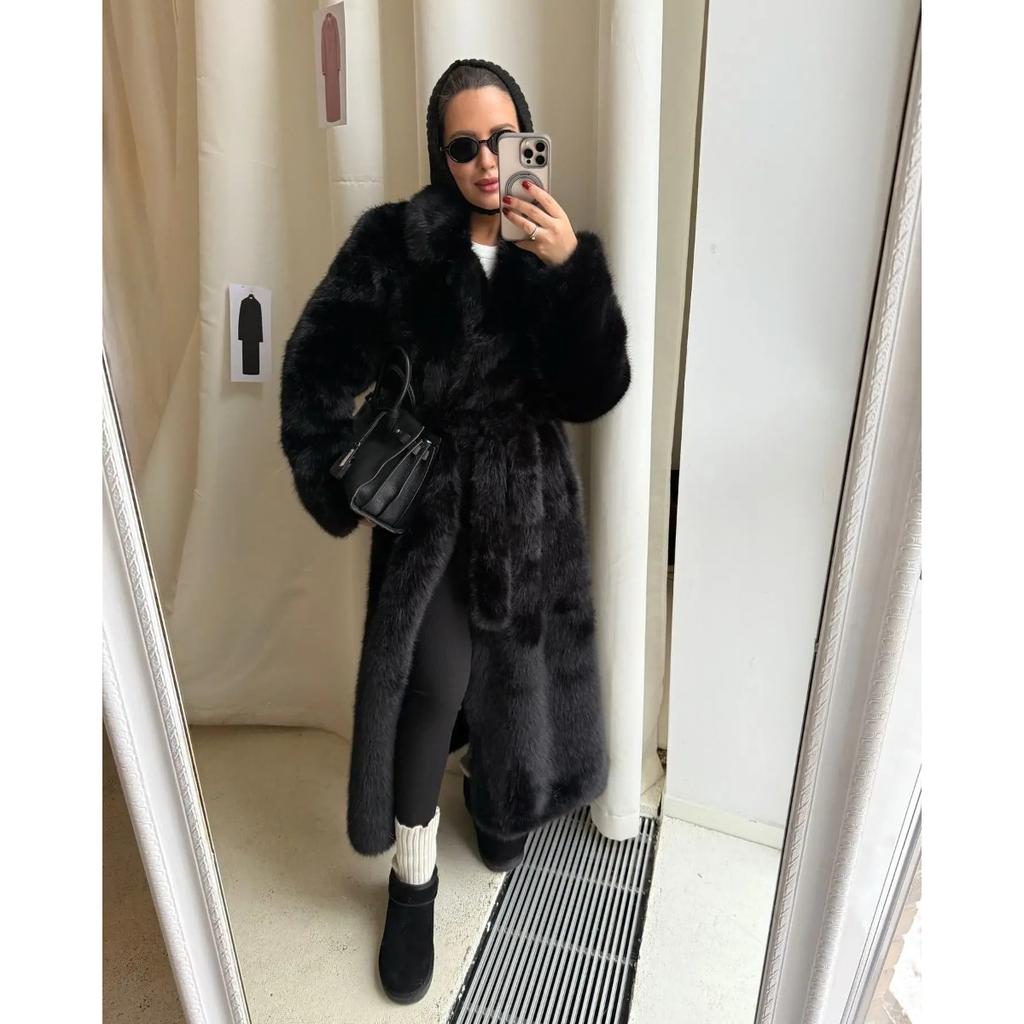 Luxury New Women’s  Artificial Faux Mink Fur Longline Belted Thick Warm Winter Coat
