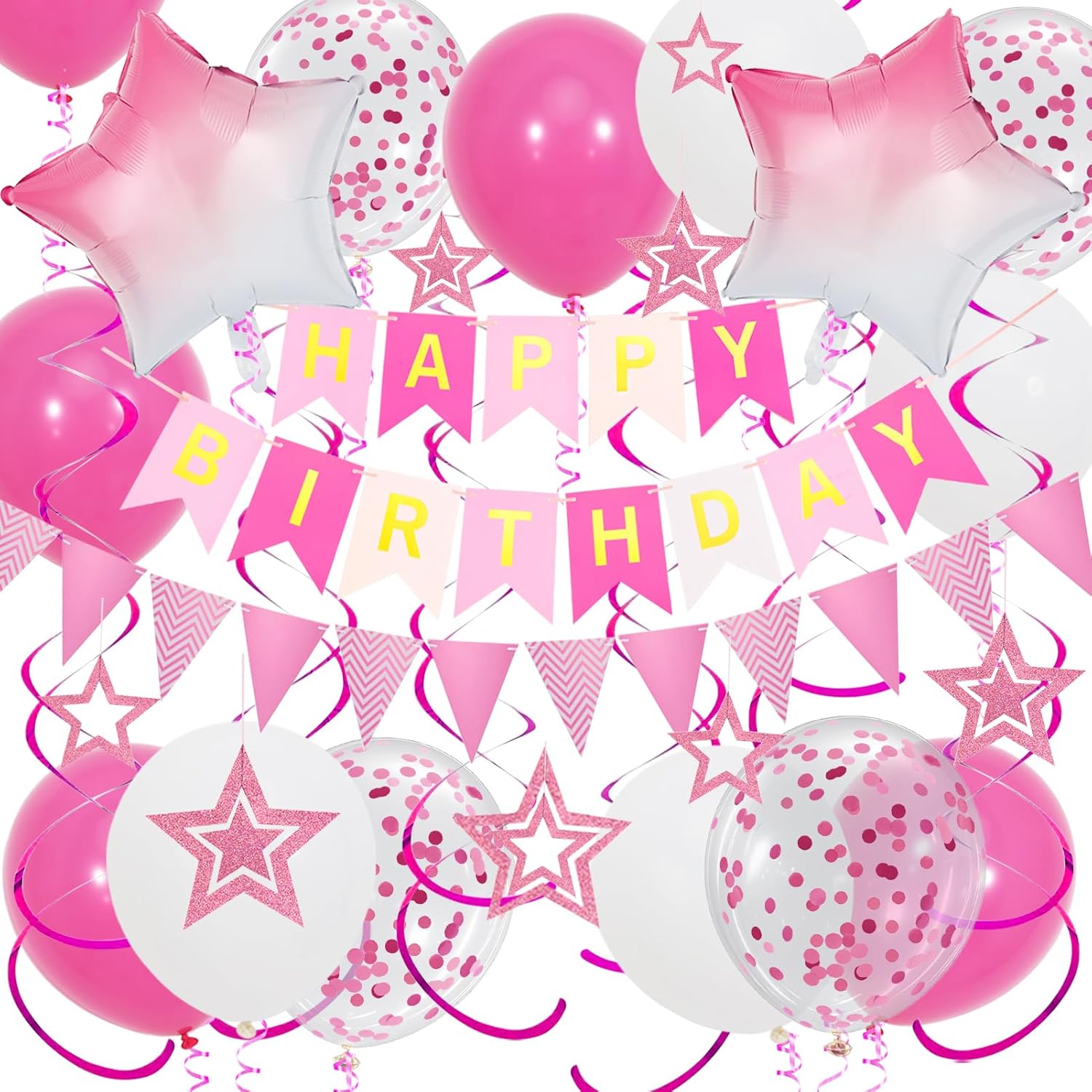 Purple Birthday Decorations, Happy Birthday Banner and Purple Star Balloons, Glitter Hanging Stars with Hanging Swirls, Circle Dot Paper Garland, for розовый