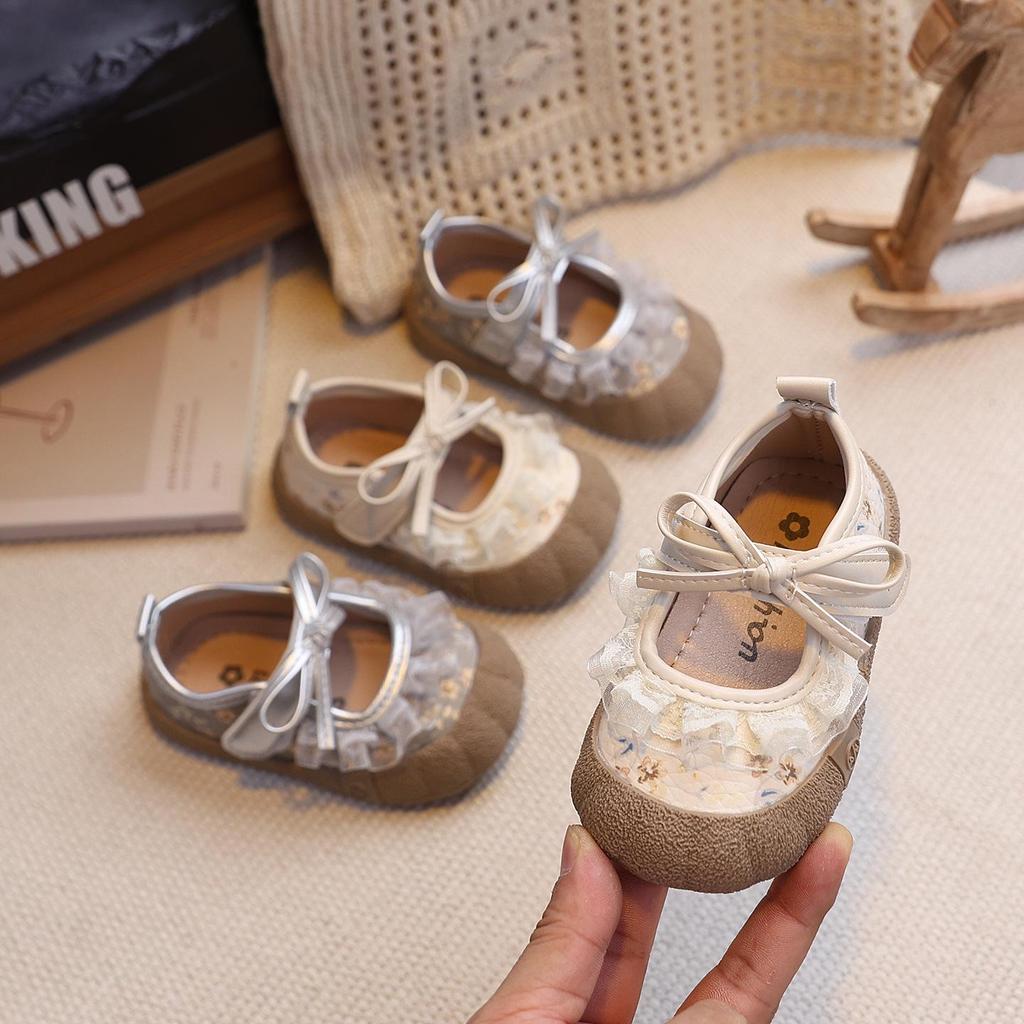 2026 Spring/Autumn Floral Bow Princess Flats - Girls' Mary Jane Leather Shoes for Toddlers
