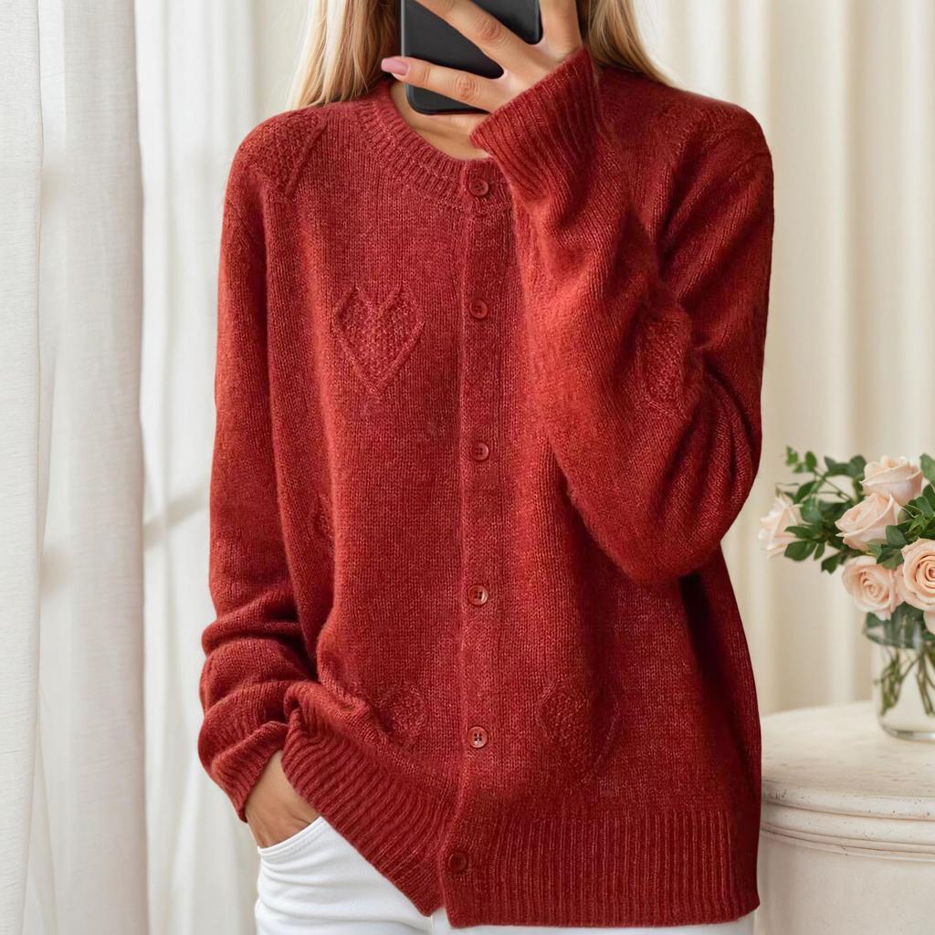 2025 Herbst/Winter Damen Herz Jacquard Lochstrick Cardigan Pullover Mantel