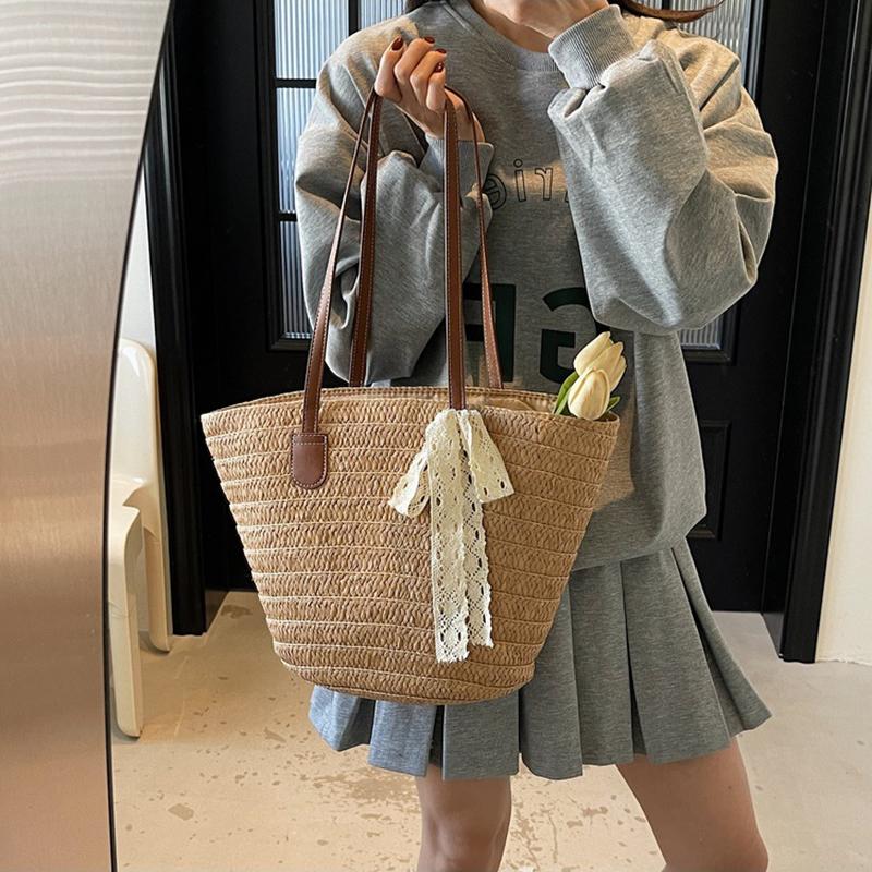 Women's Large Capacity New Vacation Beach Straw Shoulder Bag Woven Commuter Bucket Bag Basket Tote Bag