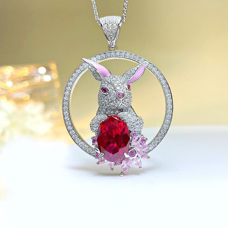 Lulu Tong Women's 925 Sterling Silver Rabbit Necklace with Pigeon Blood Red Stone - Ideal New Year Gift for Girlfriend