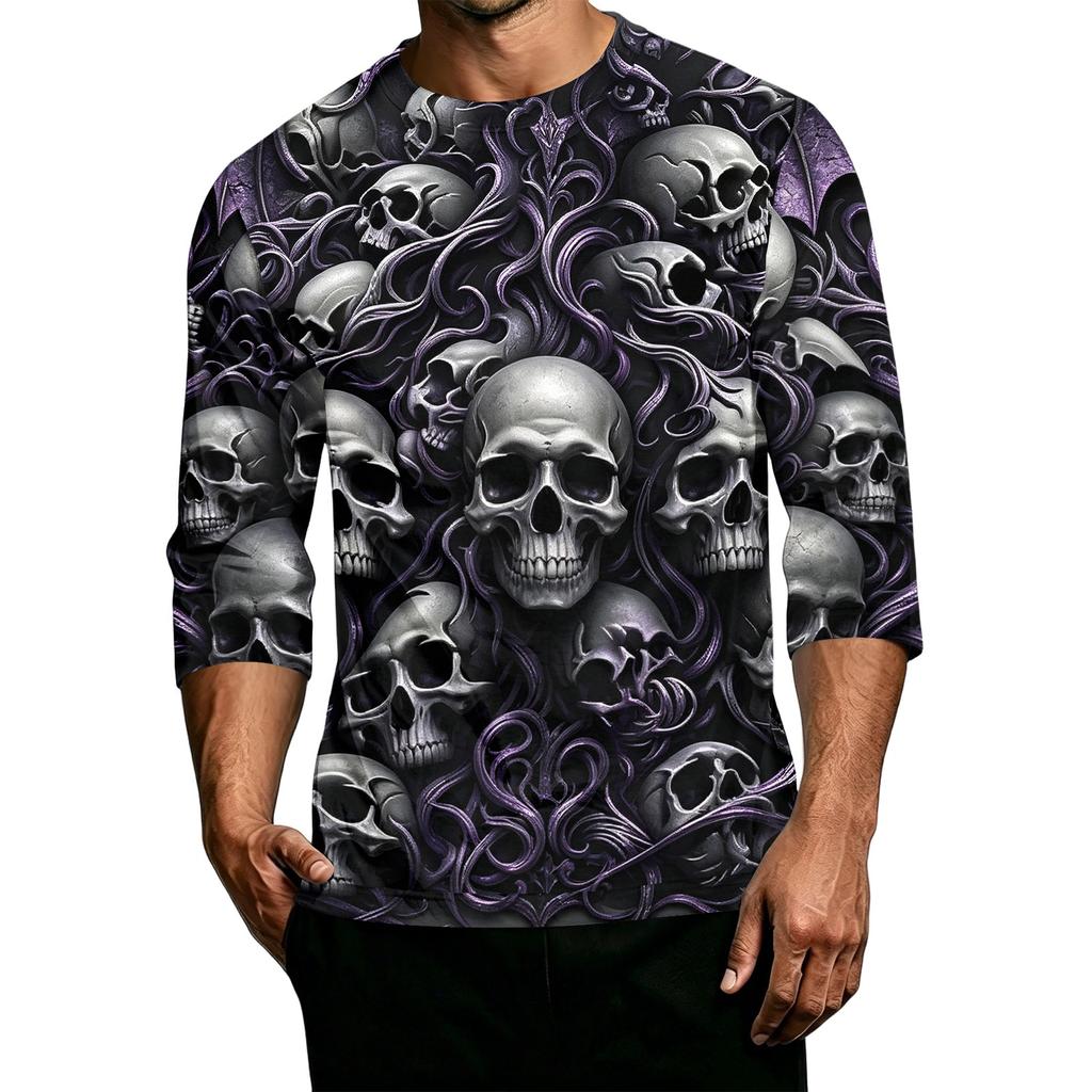 Men's Casual 3/4 Sleeve Round Neck T-Shirt with Halloween Print