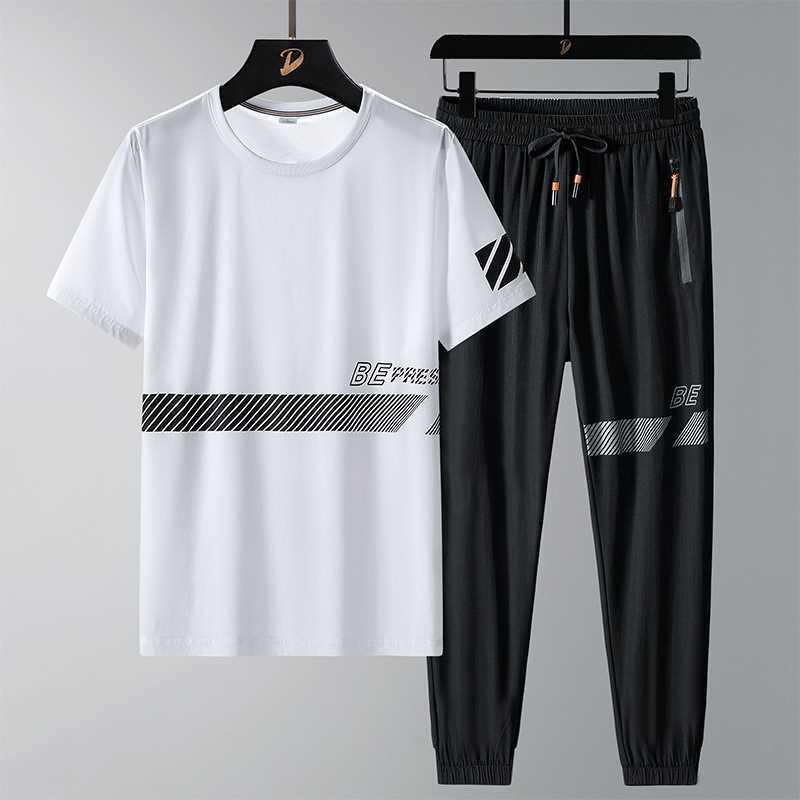 

Summer Time Ice Silk Short Sleeve T-shirt Set Men s Casual Relaxed Breathable Sports Large Size High-Quality Two-Piece Set