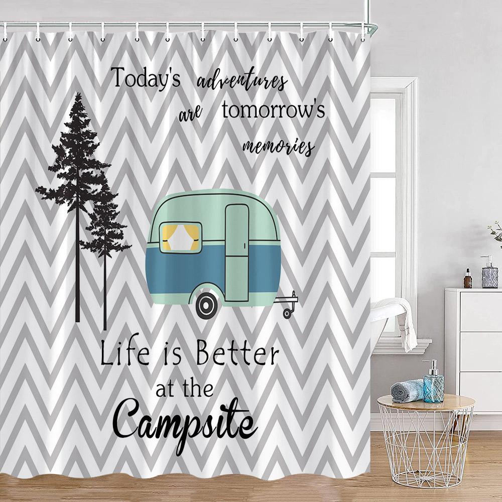 Cartoon Camper Shower Curtains Tree Camping Travel Bus Rv Bathroom Curtain Polyester Fabric Home Decoration With Hooks For Bath