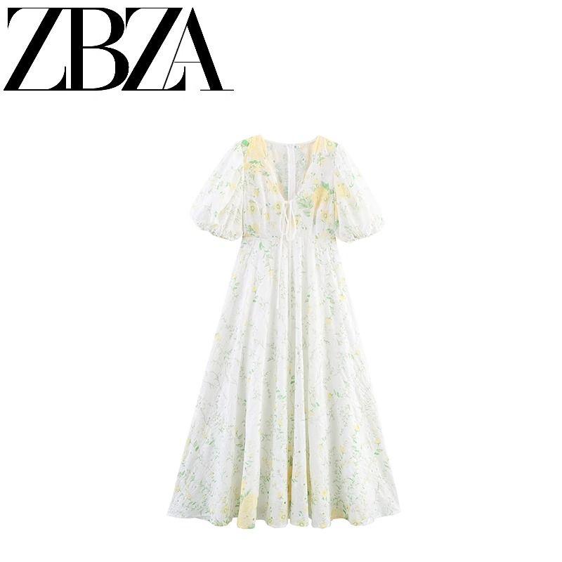 Zab Autumn New Women Clothes Western Style French Style Design Fresh V-neck Puff Sleeve Long Dress