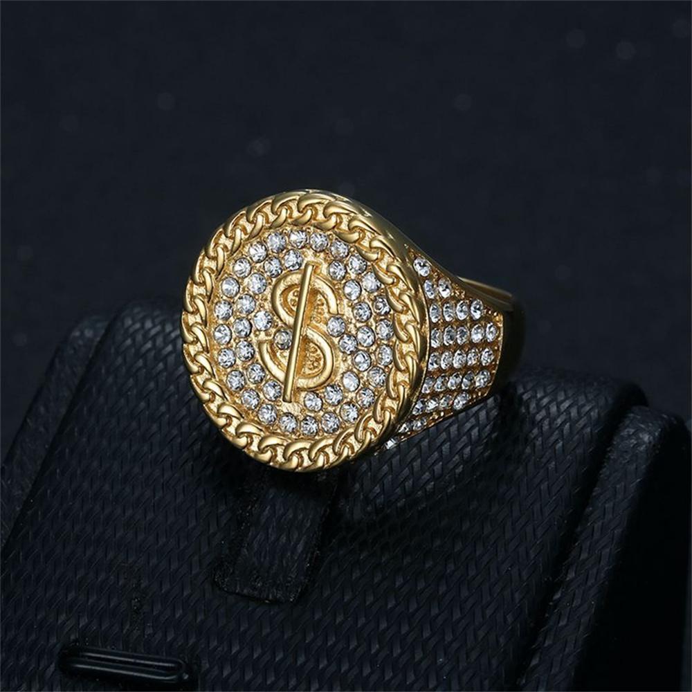 Hip Hop Iced Out Bling Dollar Signs Ring Male Gold Color Stainless Steel Rapper Big Round Money Rings For Men Party Jewelry Gift