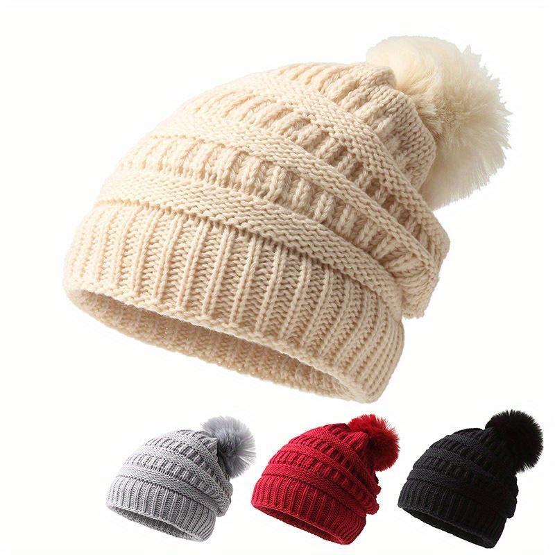 Modische Strick-Slouchy-Mütze für Damen, dicke Baggy-Mütze, Kunstfell-Pompom, Wintermütze