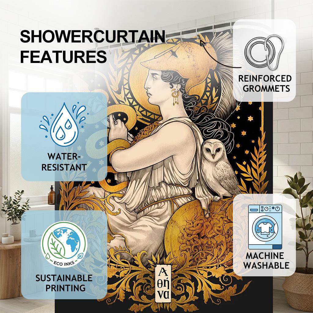 Greek Mythology Goddess Athena Shower Curtain, Gold Owl & Snake Art Deco, Ancient Warrior Queen Aesthetic Bathroom Decor