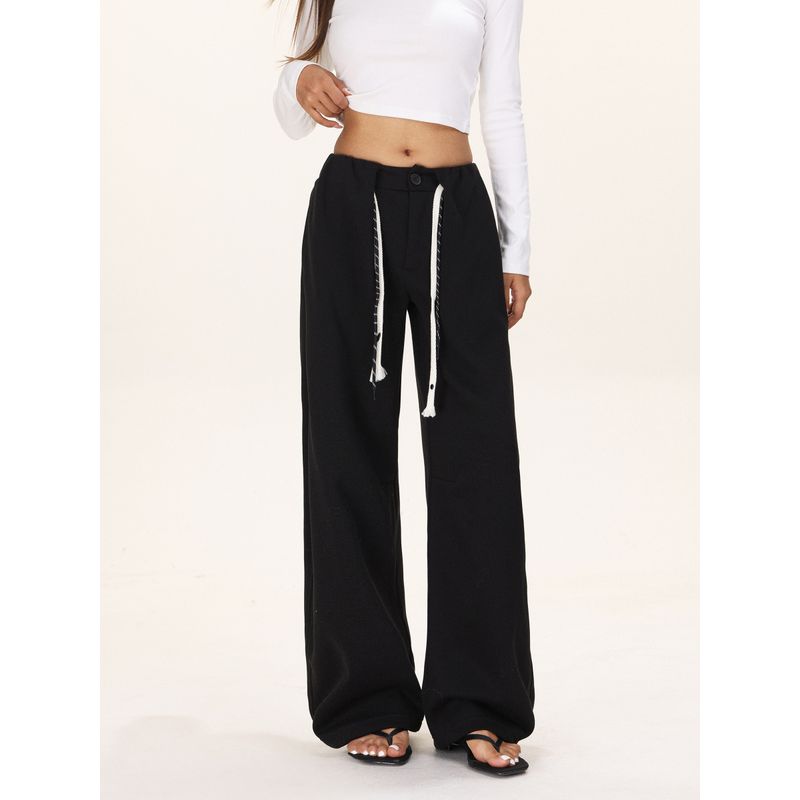 Shiyiyue Lazy Style Double Drawstring Design Loose Long Pants for Women, Autumn High-Waisted Casual Slimming Hip-Covering Wide-Leg Pants