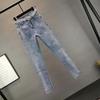 Pantaloni a Matita Streetwear Donna Primavera Autunno Vintage Slim Diamanti Vita Alta Lunghezza alla Caviglia Jeans Pantaloni di Tessuto Denim Casual