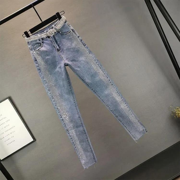 Pantaloni a Matita Streetwear Donna Primavera Autunno Vintage Slim Diamanti Vita Alta Lunghezza alla Caviglia Jeans Pantaloni di Tessuto Denim Casual
