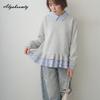 Korean Fashion Autumn Winter Women Casual Pullover Turn-Down Collar Patchwork Contrast Color Striped Sweatshirt Layered Ruffles Ladies' Hoodies