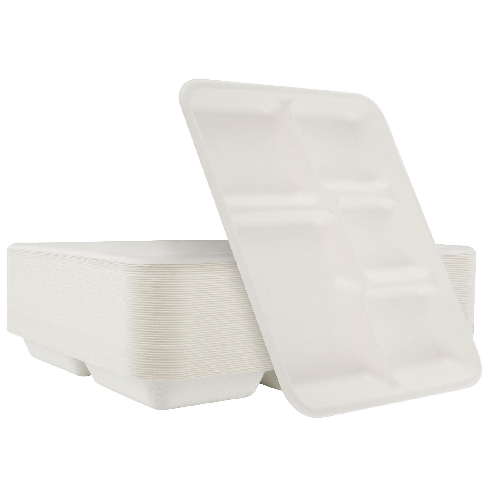 

50 шт. Тарелка из сахарного тростника 5 отделений Тарелка Экологичные подносы для школьного обеда Одноразовые бумажные тарелки с отделениями для вечеринки, кемпинга белый