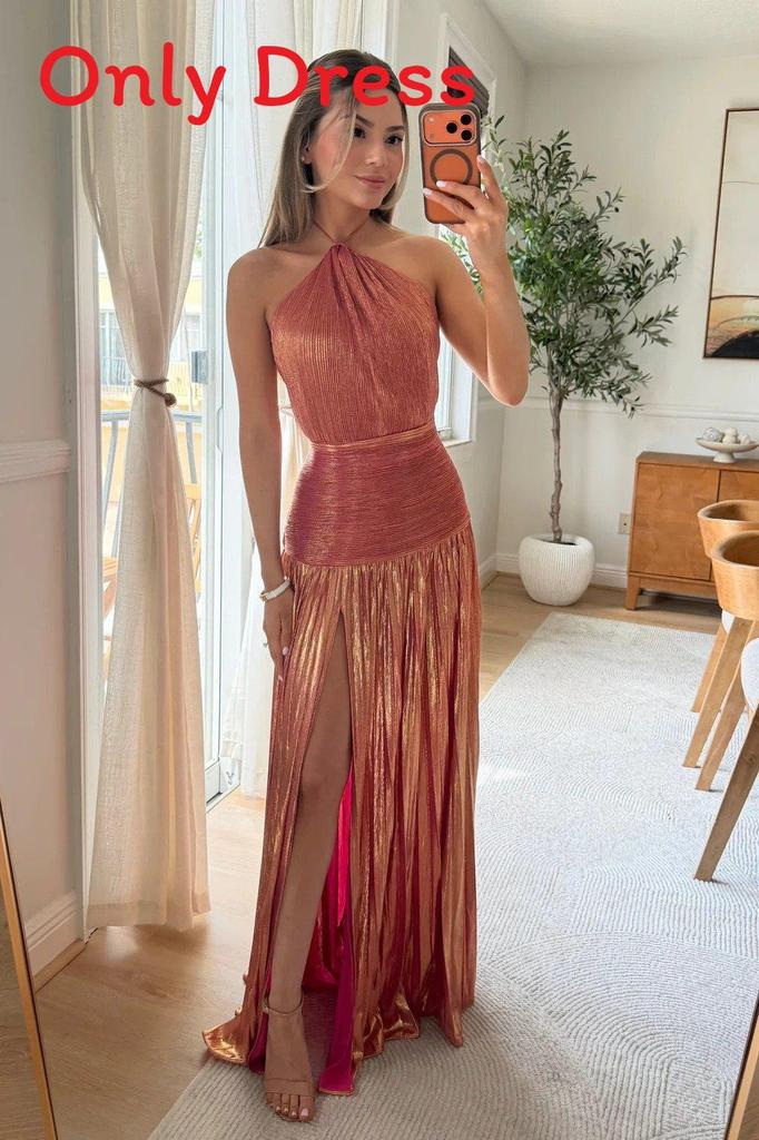 Metalic Sheen Elegant Sleeveless Backless Dress With Slit For Party And Evening Wear