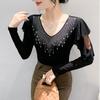 Fashion Spring Autumn Korean Sexy V-neck Hot Diamonds T-shirt Chic Hollow Out Long Sleeve Womens Tees Streetwear Girl Elastic Mesh Top