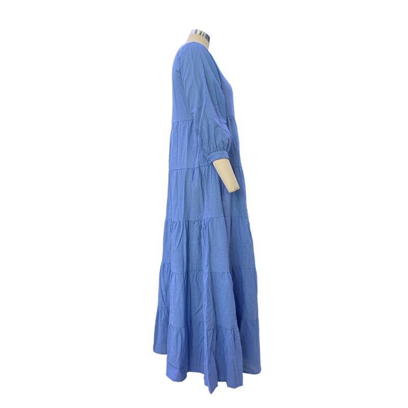 Women Solid Color V Neck Loose Long Sleeve Bohemian Midi Dress