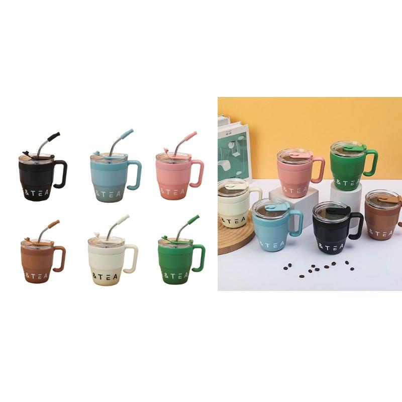 Inovativní hrnek na kávu s uchem a víčkem se slámkou 480ML Láhev Materiál nerezová ocel Hrnky se slámkou na nápoje