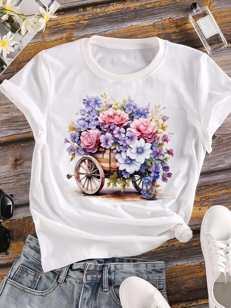 (Asian Size) T-shirts Printed Clothing Lady o-neck Short Sleeve Female Top love heart flower Casual T Shirt Fashion Women Graphic Tee