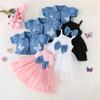 Toddler Girl Summer Outfits Tulle Spaghetti Strap Bow A Line Dress with Dot Butterfly Print Short Puff Sleeve Cardigan