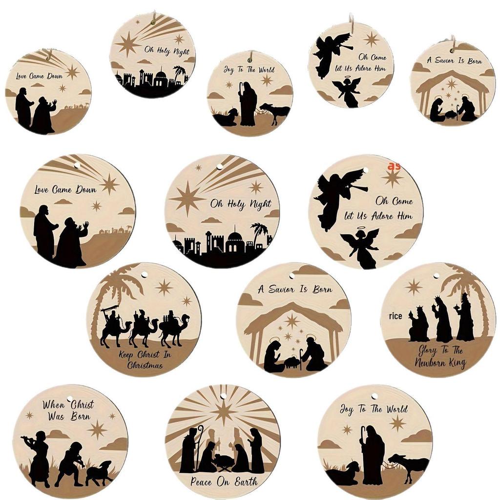 Wooden Christmas Tree Nativity Scene Hanging Tag - Thanksgiving Decoration