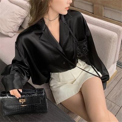 Spring Summer Women's High-End Satin Sheen Embroidered Shirt Blouse Cardigan Luxurious Top