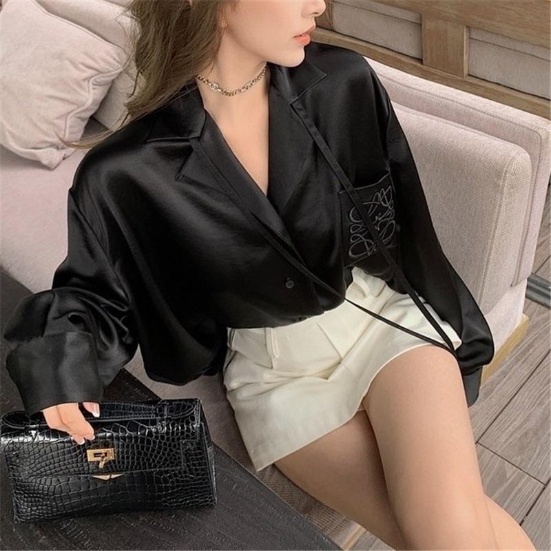 Spring Summer Women's High-End Satin Sheen Embroidered Shirt Blouse Cardigan Luxurious Top
