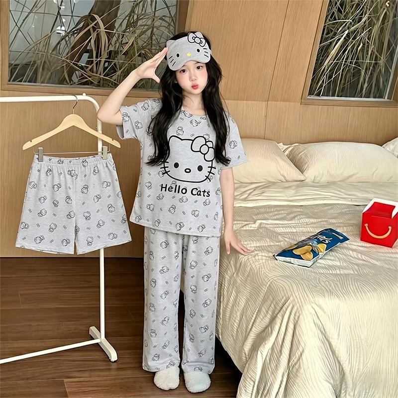 Girls' Cartoon Pajama Set - Short Sleeve, Long Pants, 3-Piece Summer Sleepwear for Kids