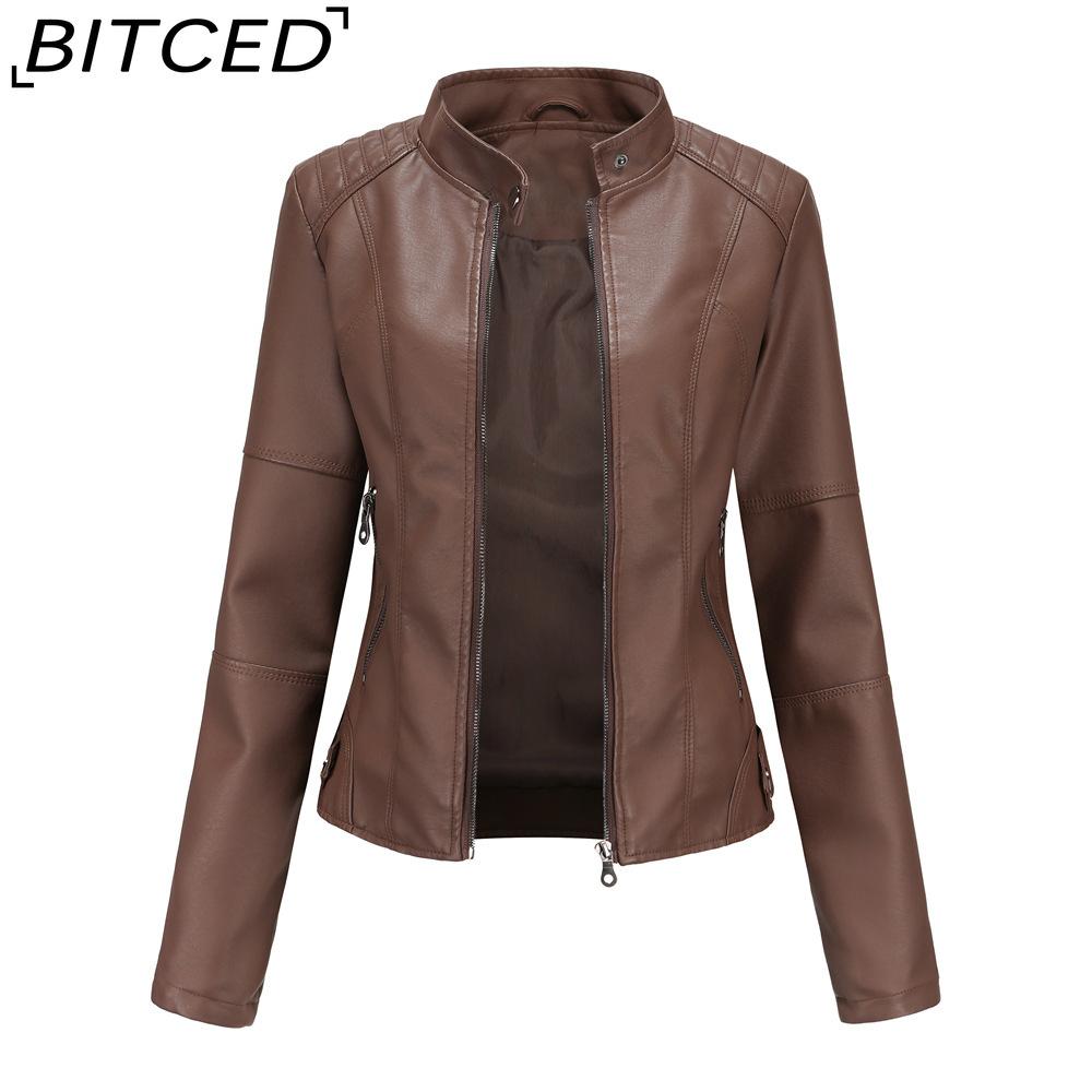 BITCED Women's Slim-Fit Leather Jacket - Lightweight Spring/Autumn Outerwear Motorcycle-Style Oversized Stand Collar Leather Jacket